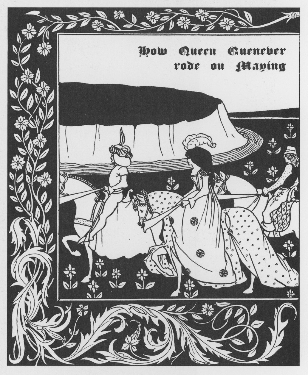 Artušovská legenda: „“ Queen Guenievre Queen of May”” Rytina do „“The Morte of Arthur”” od Sira Thomase Maloryho, vydání ilustrované Aubrey Beardsley (1872-1898) 1893-1894 (Arthurianská legenda: královna Guenever (Guinevere) maying , ilustrace Aubrey Beard od Aubrey Beardsley