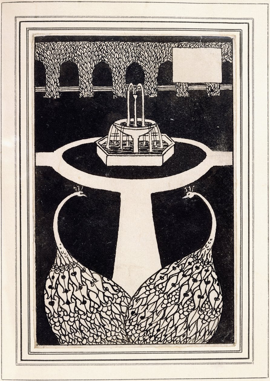 Záhlaví kapitoly zobrazující dva pávy v zahradě s fontánou, kolem 1893/4 od Aubrey Beardsley
