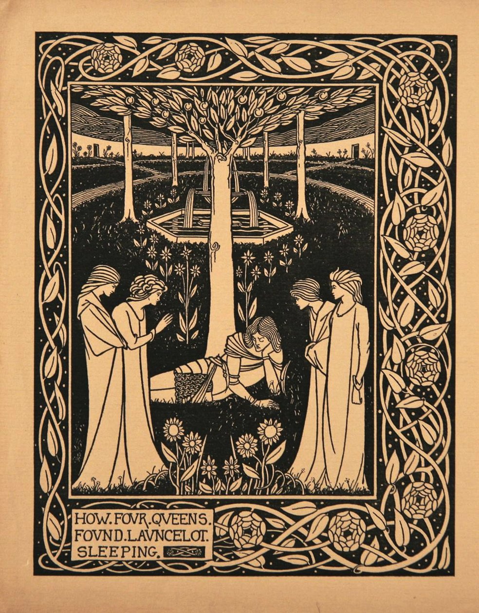 Jak čtyři královny našli Lancelota spícího. Ilustrace ke knize Le Morte dArthur od Sira Thomase od Aubrey Beardsley