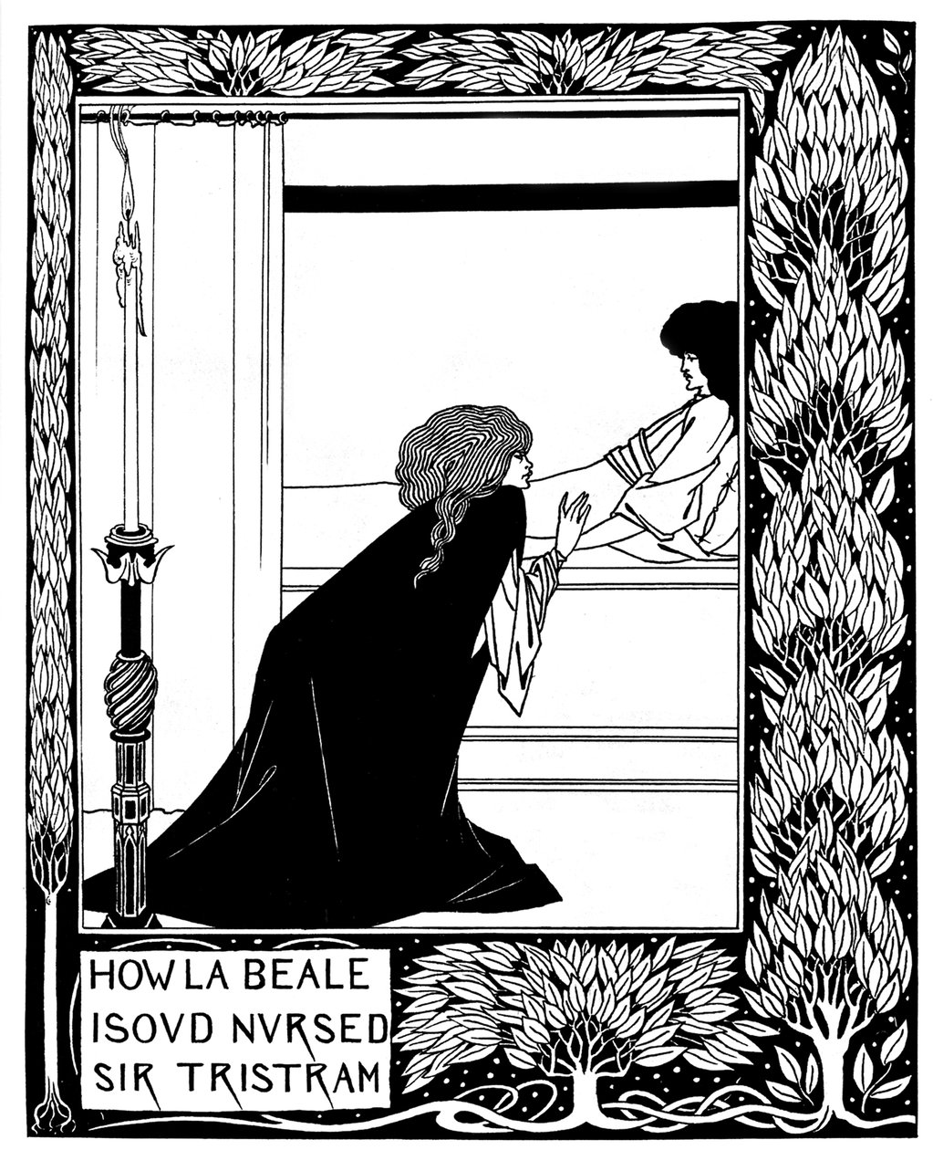 Jak La Beale Isoud ošetřoval Sira Tristrama. Ilustrace ke knize Le Morte dArthur od Sira Thomase M od Aubrey Beardsley
