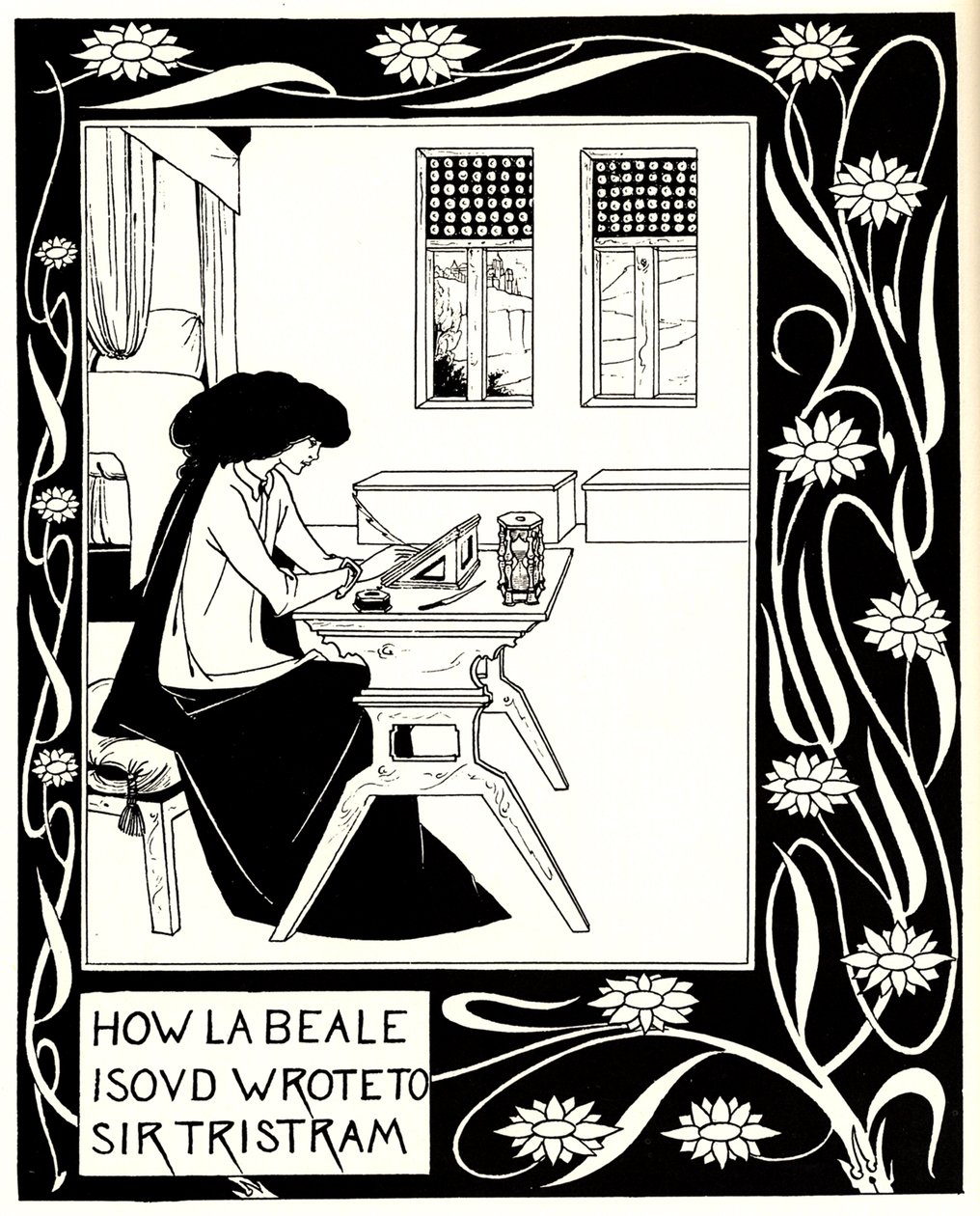 Jak La Beale Isoud napsal siru Tristramovi. Ilustrace ke knize Le Morte dArthur od Sira Thomase od Aubrey Beardsley