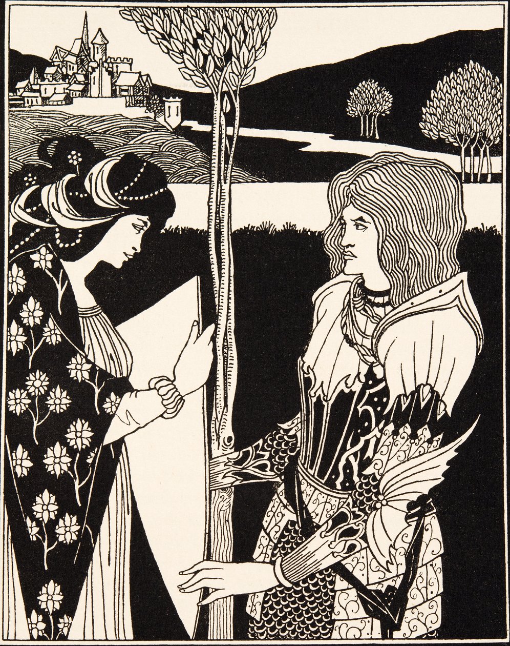 Jak Morgan Le Fay darovala štít siru Tristramovi (detail) od Aubrey Beardsley