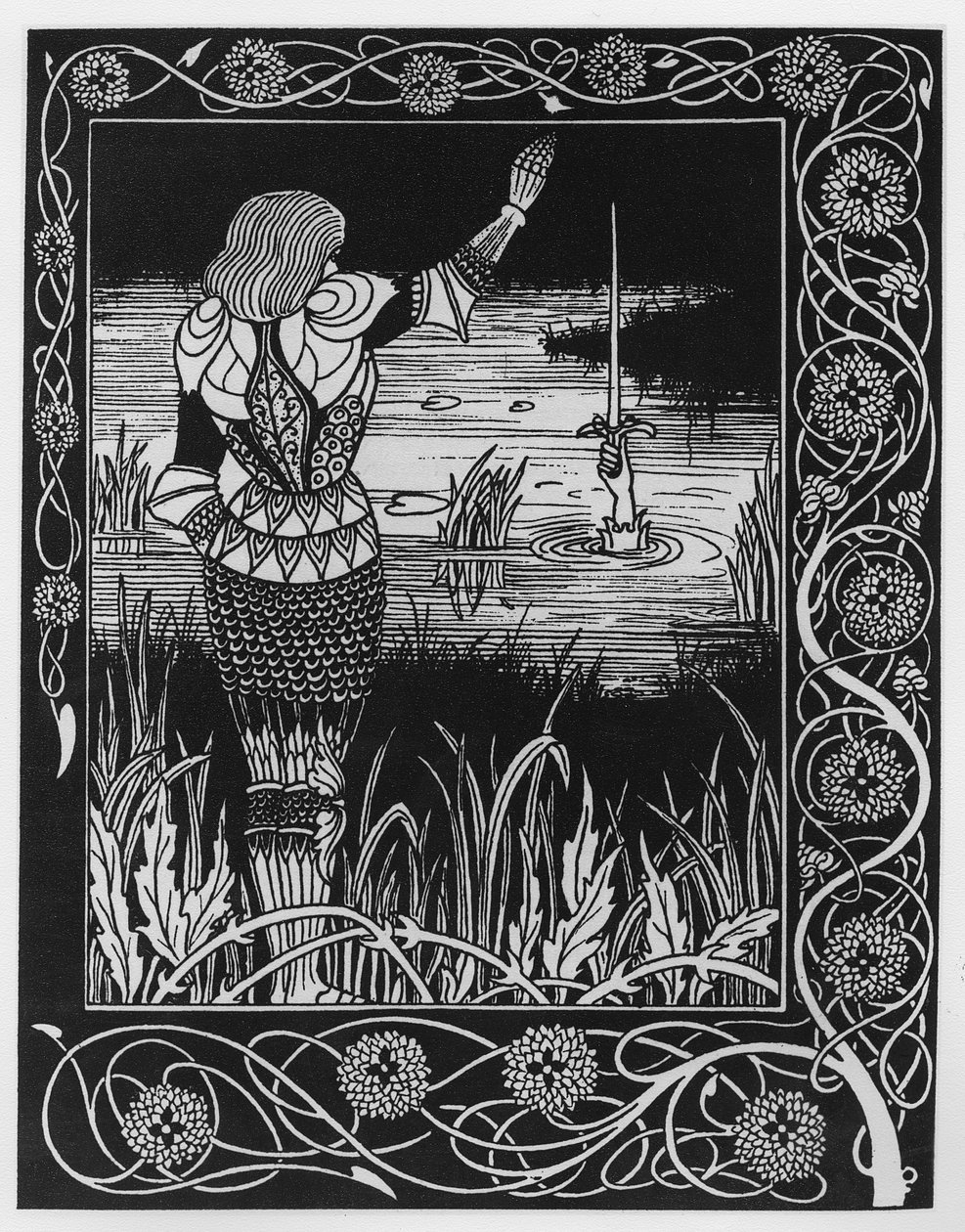 Jak sir Bedivere hodil meč Excalibur do vody, ilustrace z „Le Morte d