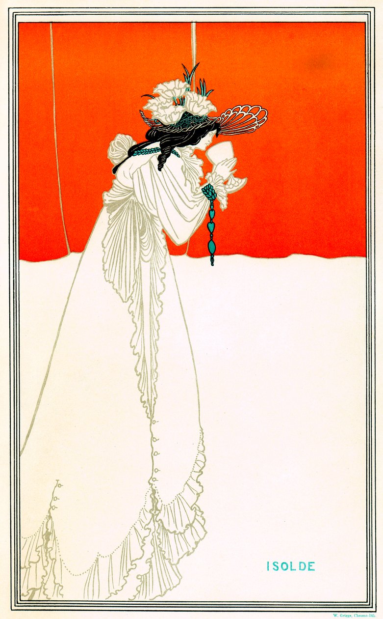 Isolda pije filtr lásky Aubrey Beardsley (1872-1898) podle opery Richarda Wagnera Tristan a Isolde (Iseult nebo Iseut, Yseut, Yseult, Ysolde) - Artušovská keltská legenda - Secese - chromolitografie (chromolitografie) W. Griggs , The od Aubrey Beardsley