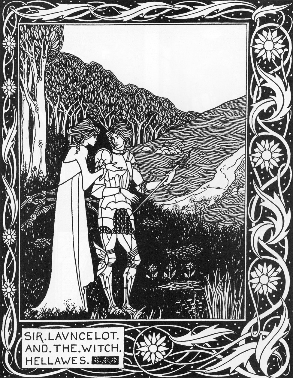 Sir Launcelot a čarodějnice Hellawes (Lancelot a čarodějnice Hellawes) Ilustrace Aubrey Beardsley (1872-1898) z knihy Thomase Maloryho „The Death of Arthur“ od Aubrey Beardsley