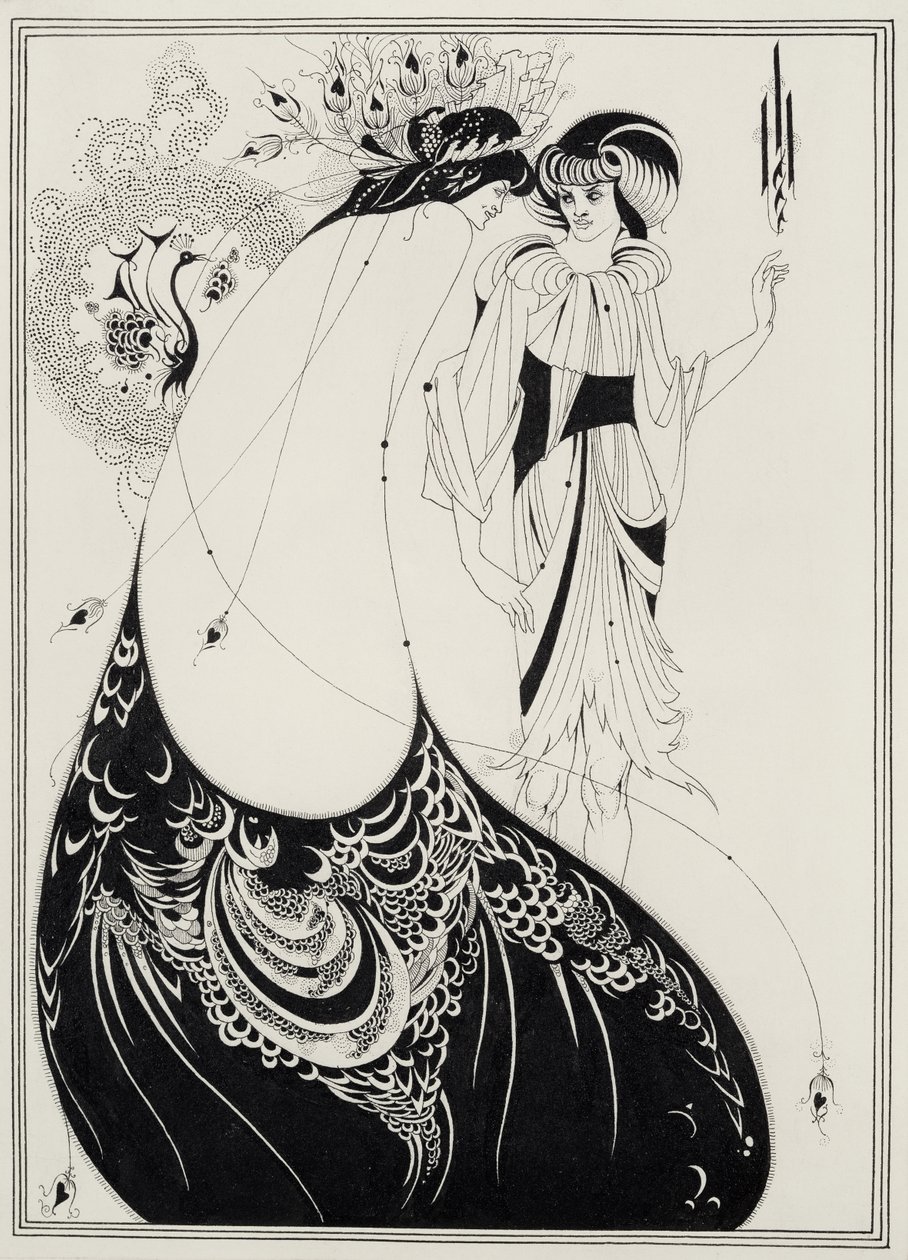 The Peacock Skirt, ilustrace k anglickému vydání `Salome od Oscara Wilda (1854-1900) 1893 (černý inkoust a grafit na papíře) od Aubrey Beardsley