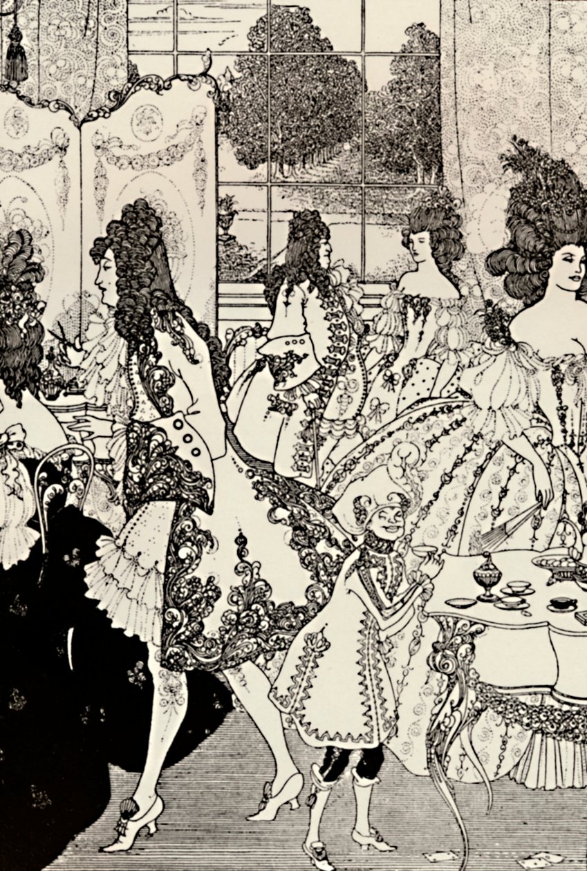 Znásilnění zámku. Alexandr Pope. Kresba perem, 1896, 1923 od Aubrey Beardsley