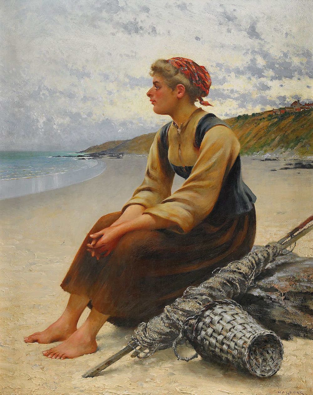  Sběrač ústřic na pláži od August Hagborg
