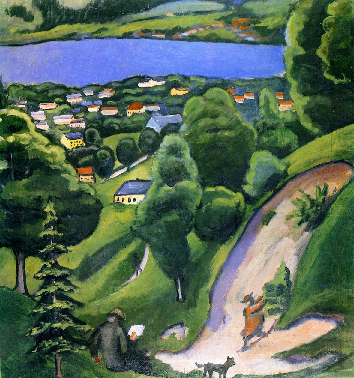 Krajina u jezera Teggern se čtoucím mužem od August Macke