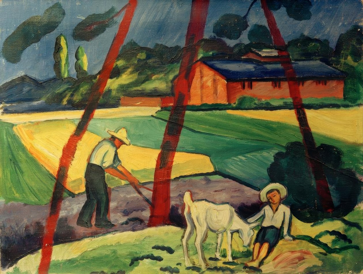 Krajina s farmářem, chlapcem a kozou od August Macke