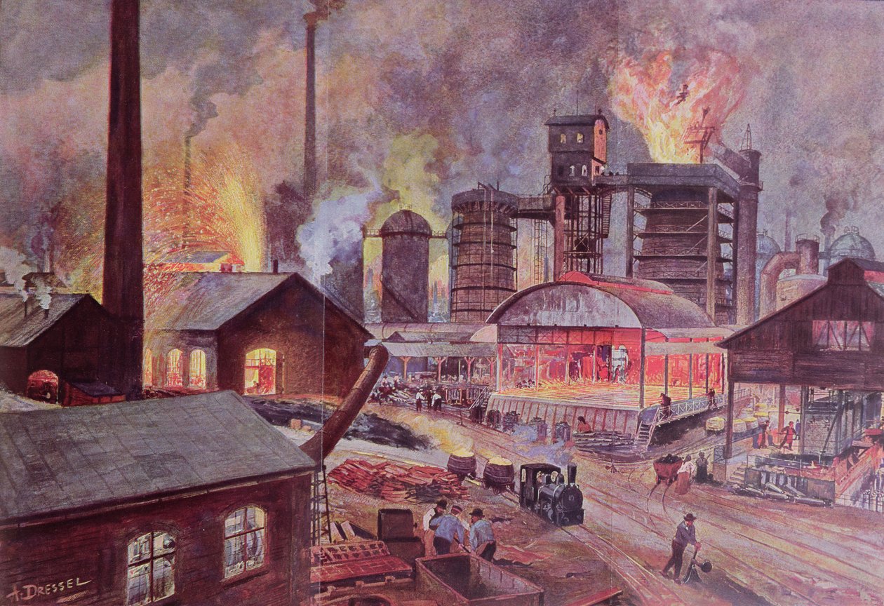 Továrna s vysokou pecí, ze série knih o LUnivers et lHumanite od H. Kraemera, vydaných v Paříži na konci 19. století (barevná rytina) od August Dressel