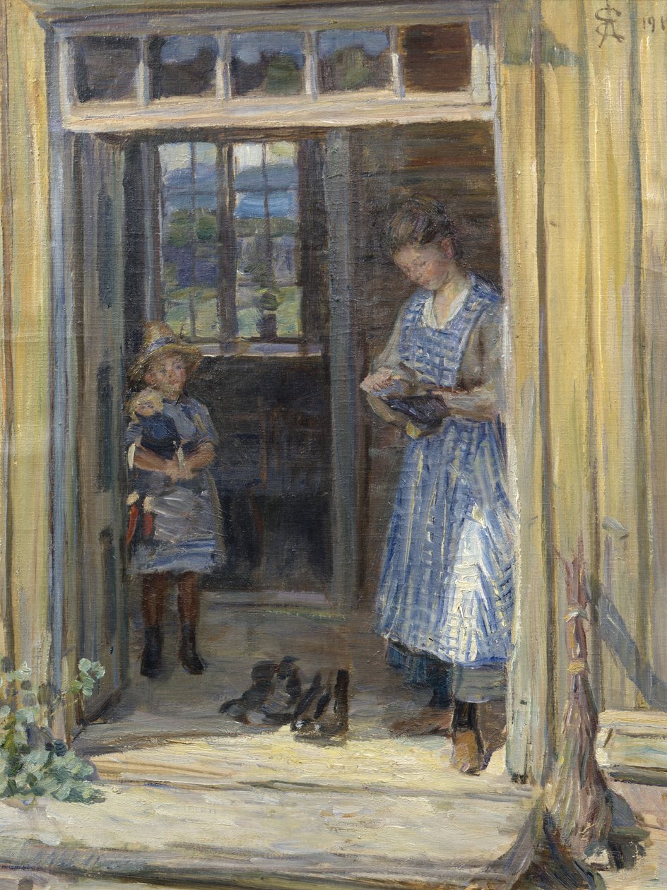Žena a dívka ve dveřích od August Eiebakke
