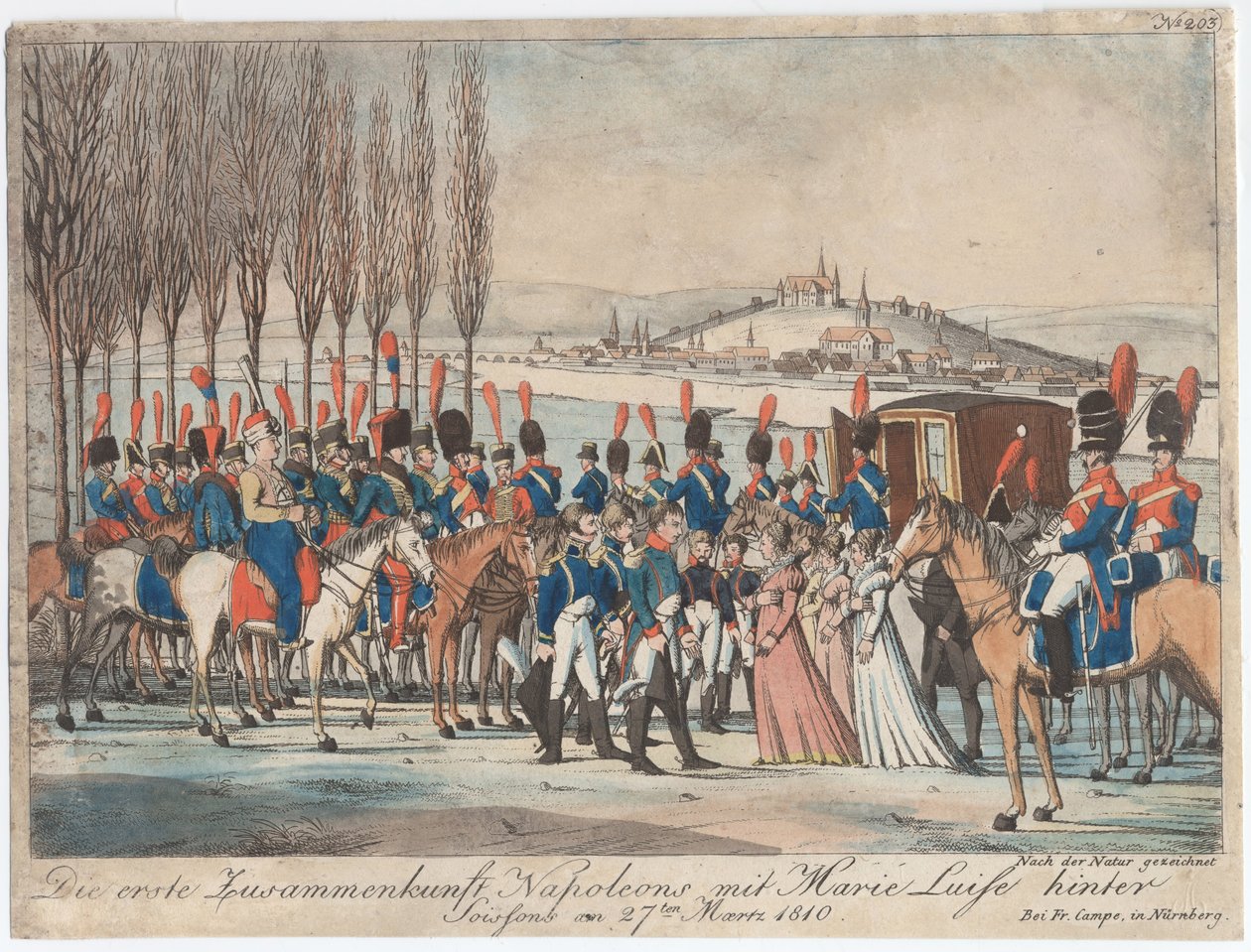 Napoleon představuje císařovnu Marii-Luise své rodině mimo pavilon poblíž Soissons od August Friedrich Andreas Campe