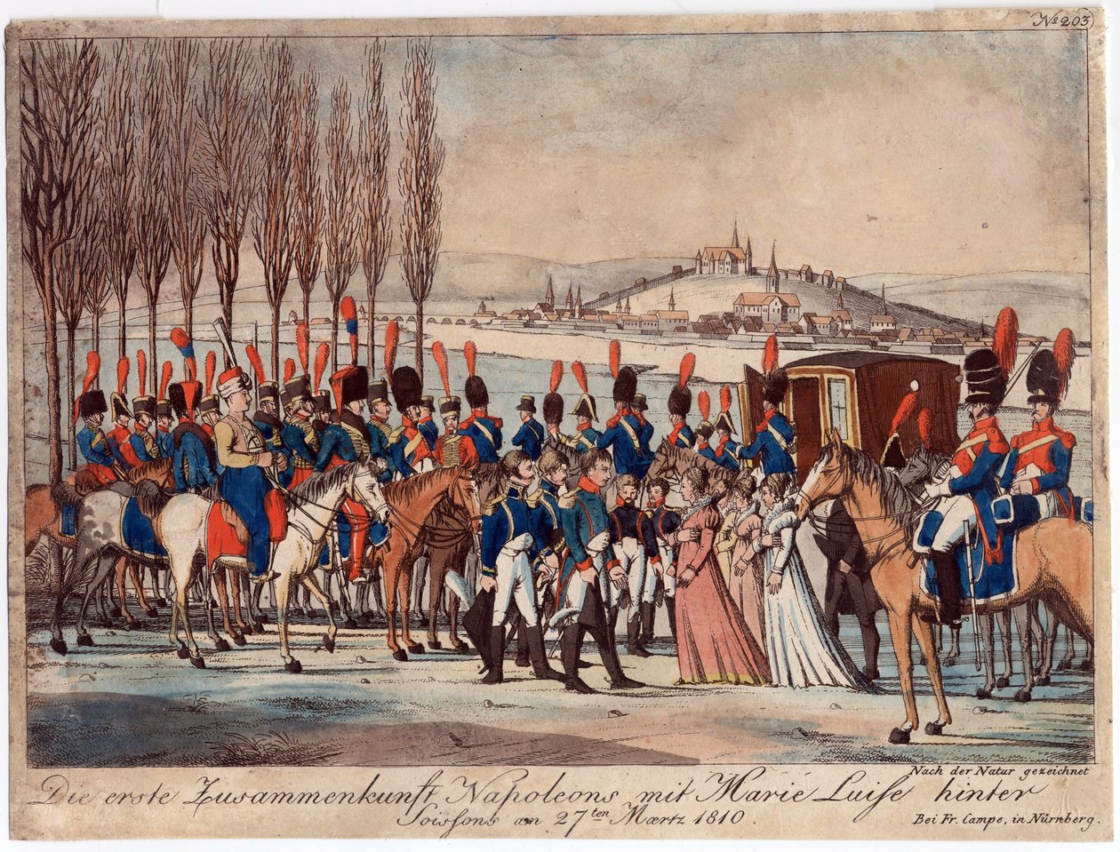 Napoleon představuje císařovnu Marii-Luise své rodině mimo pavilon poblíž Soissons - Campe, August Friedrich Andreas (1777-1846) - Lept, akvarel - 17,3x23 - Soukromá sbírka od August Friedrich Andreas Campe