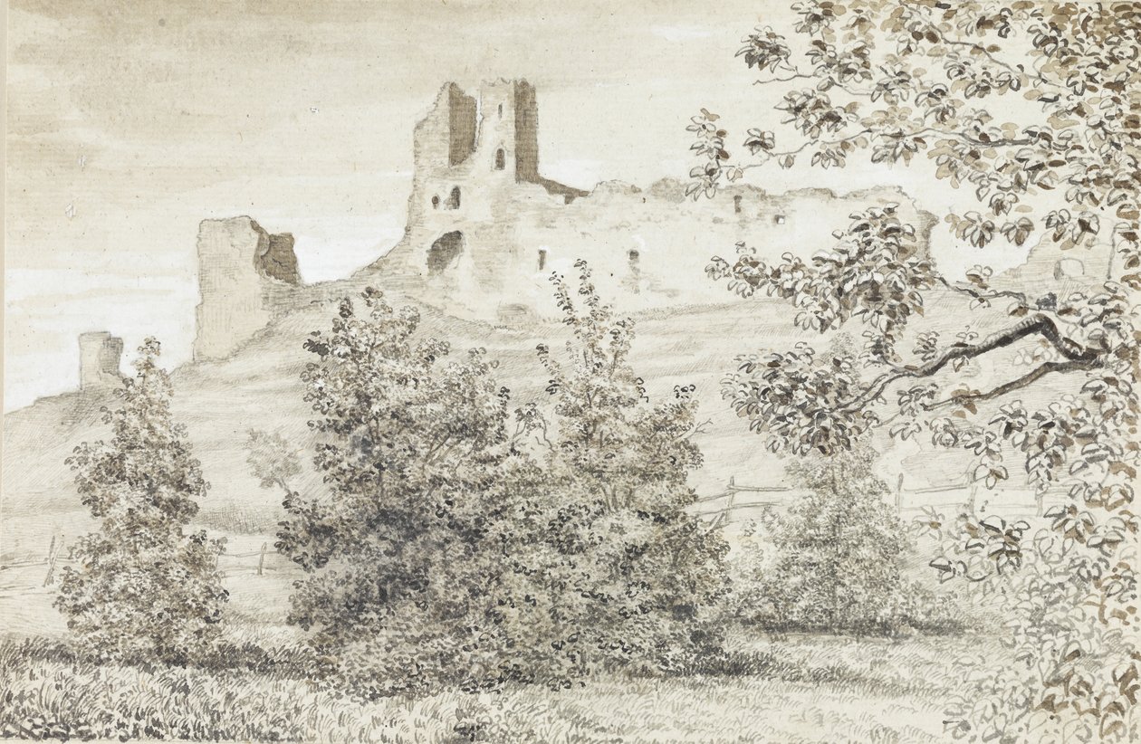 Pohled na zříceninu hradu Rakvere, 1828 (sépie a tužka na papíře) od August Georg Wilhelm Pezold
