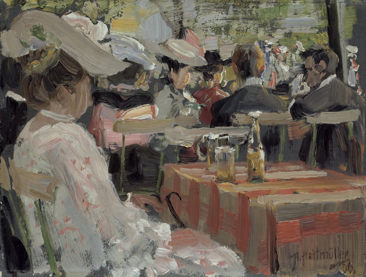 Zahradní restaurace, 1906 (olej na kartě) od August Heitmuller