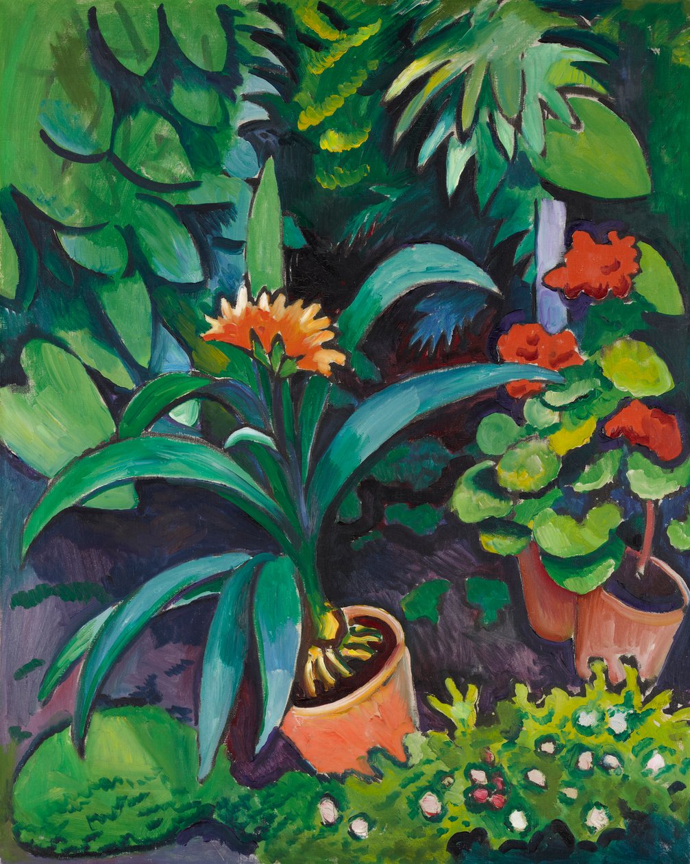 Květiny v zahradě, klivie a pelargonie od August Macke