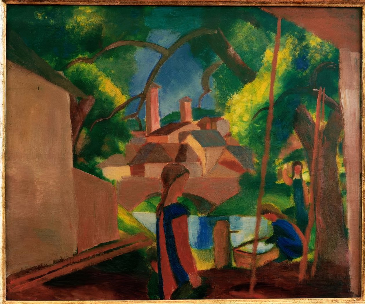 Děti u fontány s městem v pozadí od August Macke