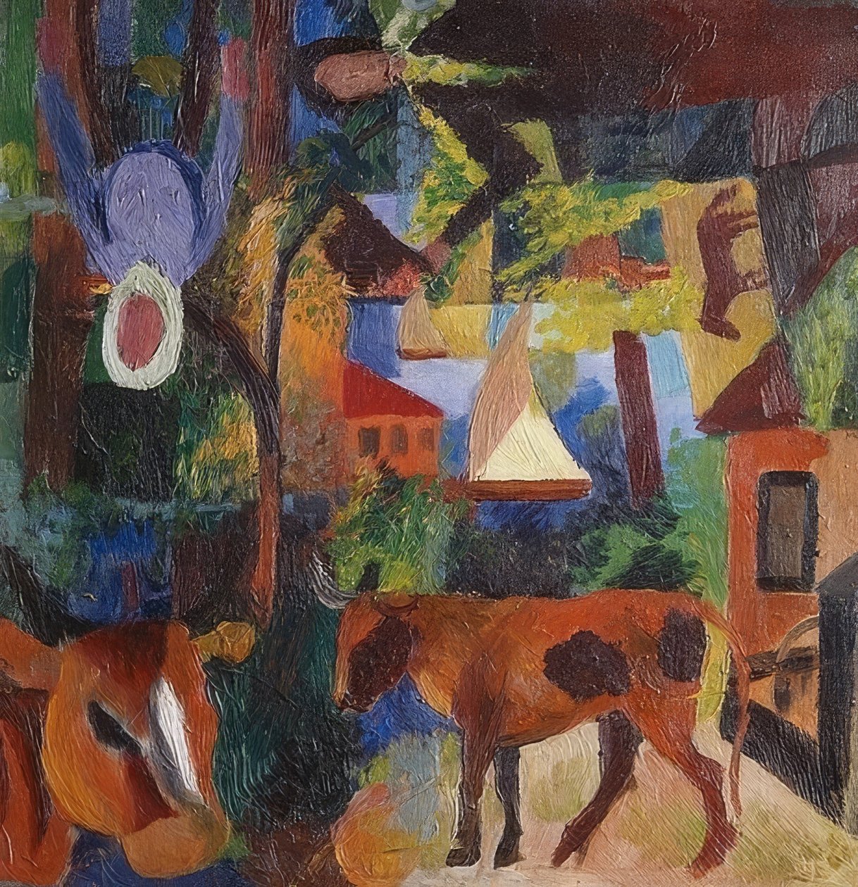 Krajina s krávami, plachetnicí a postavami. 1914 od August Macke