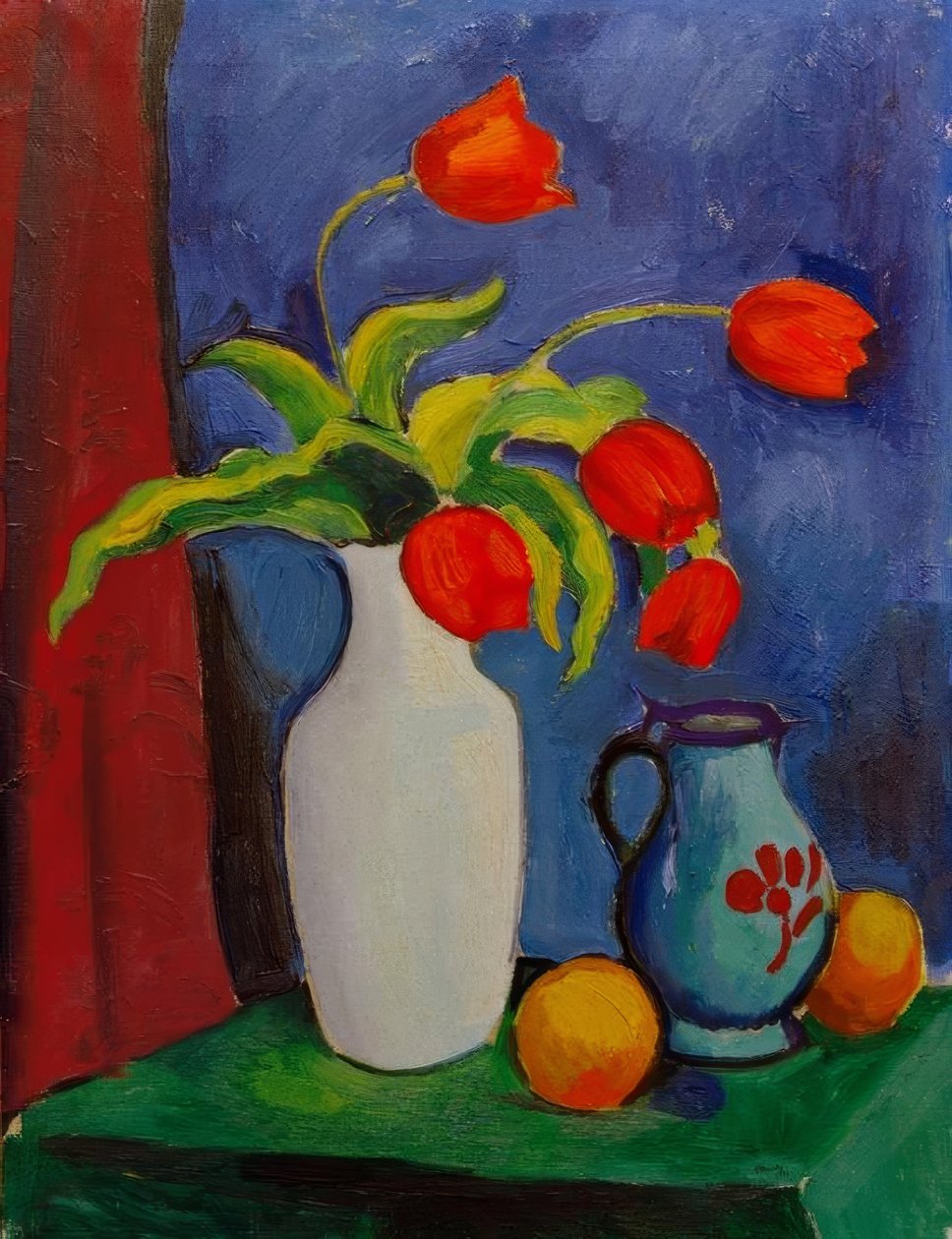 Červené tulipány v bílé váze od August Macke