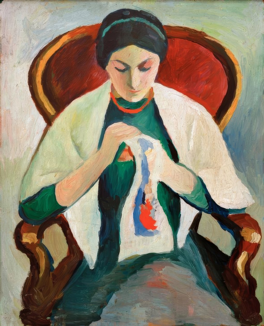 Žena vyšívání na křesle: portrét umělcovy manželky od August Macke