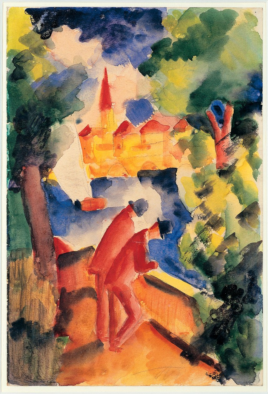 Dva muži se paže na zábradlí s výhledem na jezero 1914 (akvarel) od August Macke