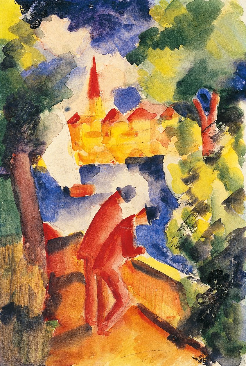 Dva muži se paže na zábradlí s výhledem na jezero 1914 (akvarel) od August Macke