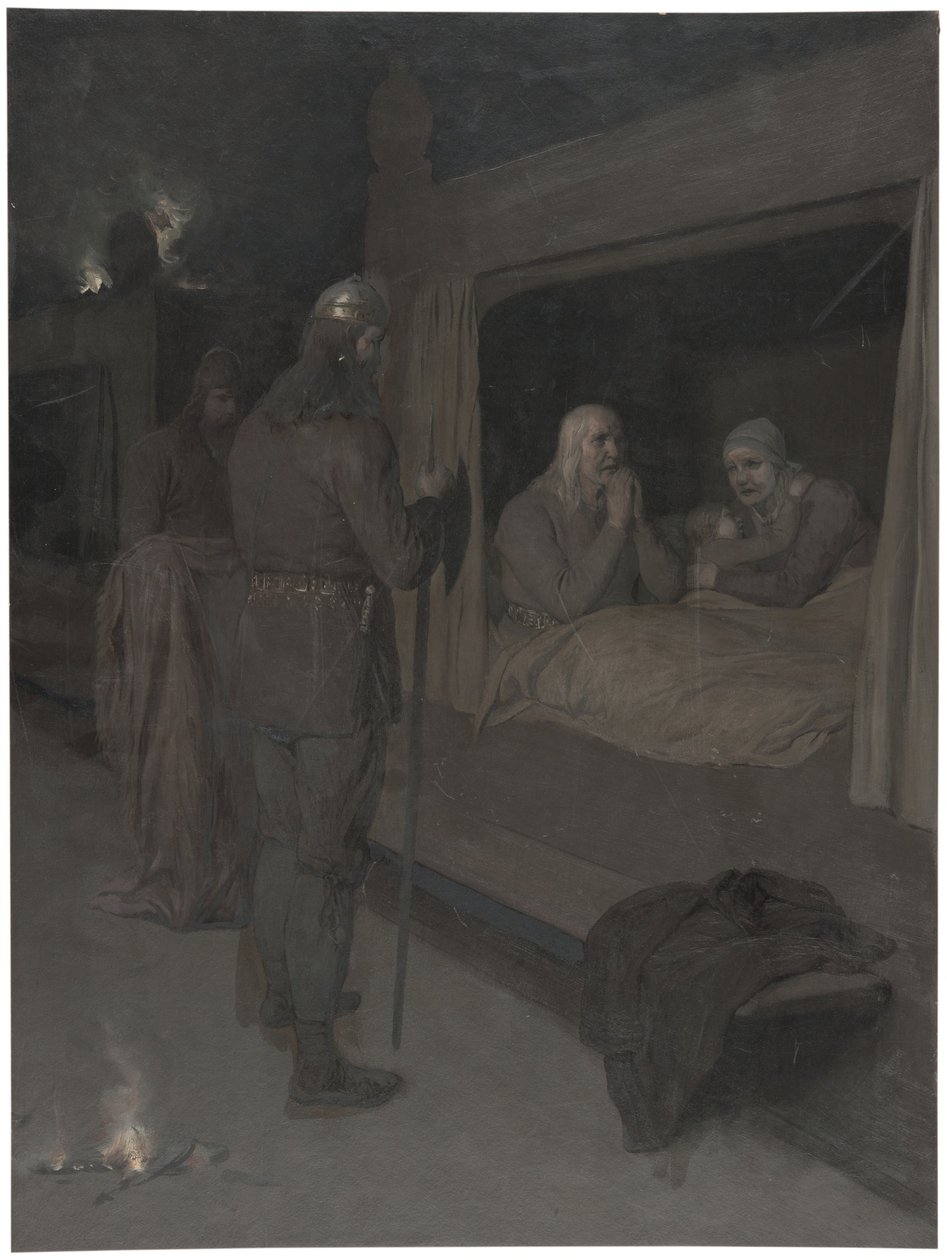Njal, Bergthora a Thord Karisson se rozhodnou nechat se upálit zaživa. Ilustrace k Njalově sáze, kap. 129 od August Malmström
