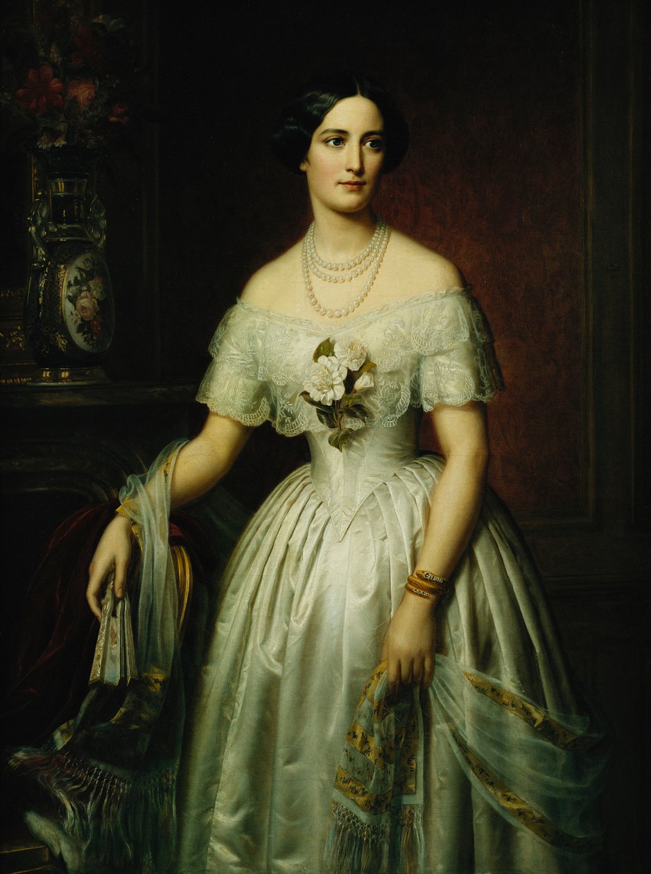 Portrét dámy stojící tříčtvrteční v bílých šatech, 1851 a 1876 od August Schiott