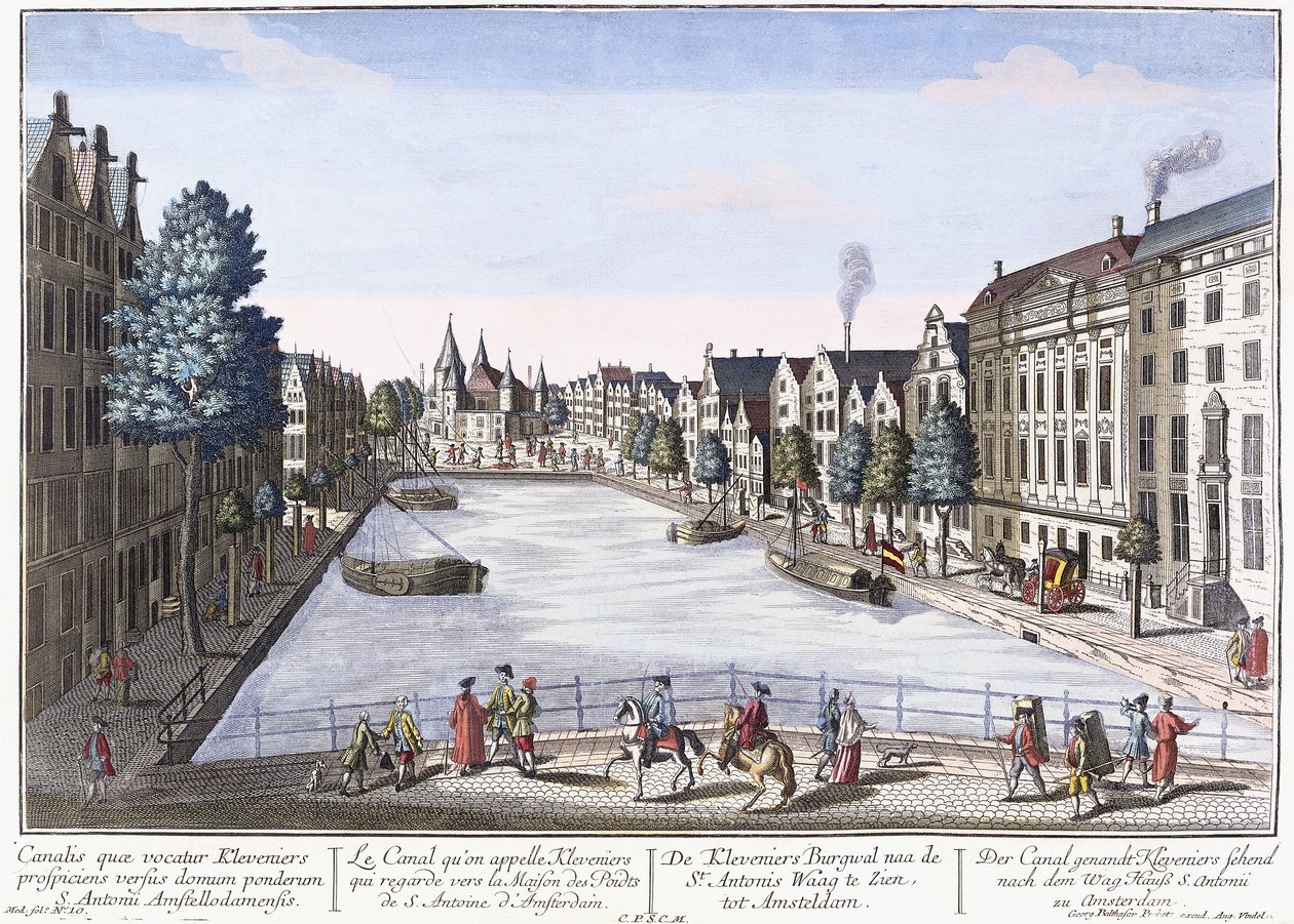 Vue of Kleveniers Canal, Amsterdam, cca 1740-1770 (ručně kolorovaná rytina) od August Vindel