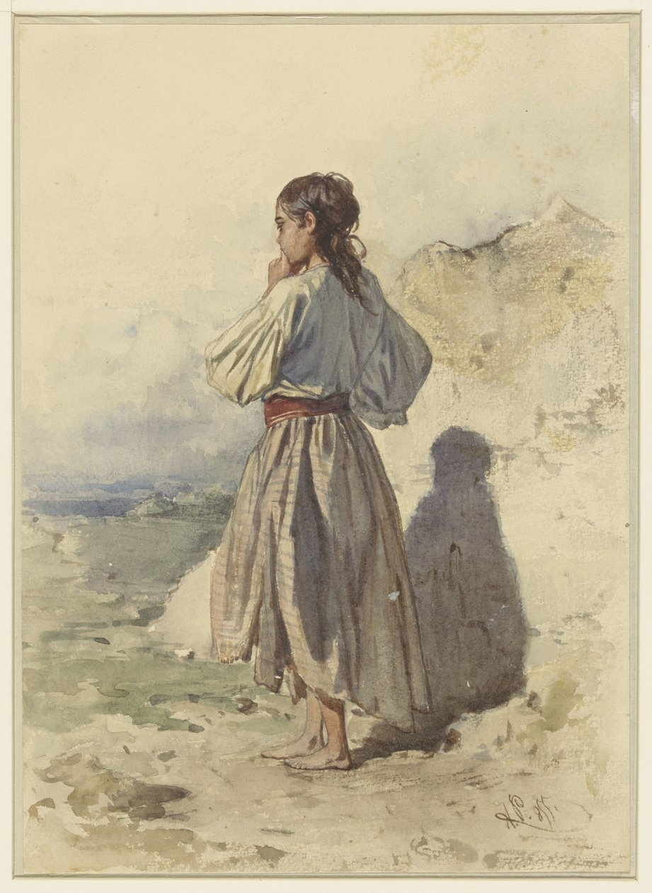 Maďarská žena, stojící tři čtvrtiny vlevo, při pohledu zezadu od August Xaver Carl von Pettenkofen