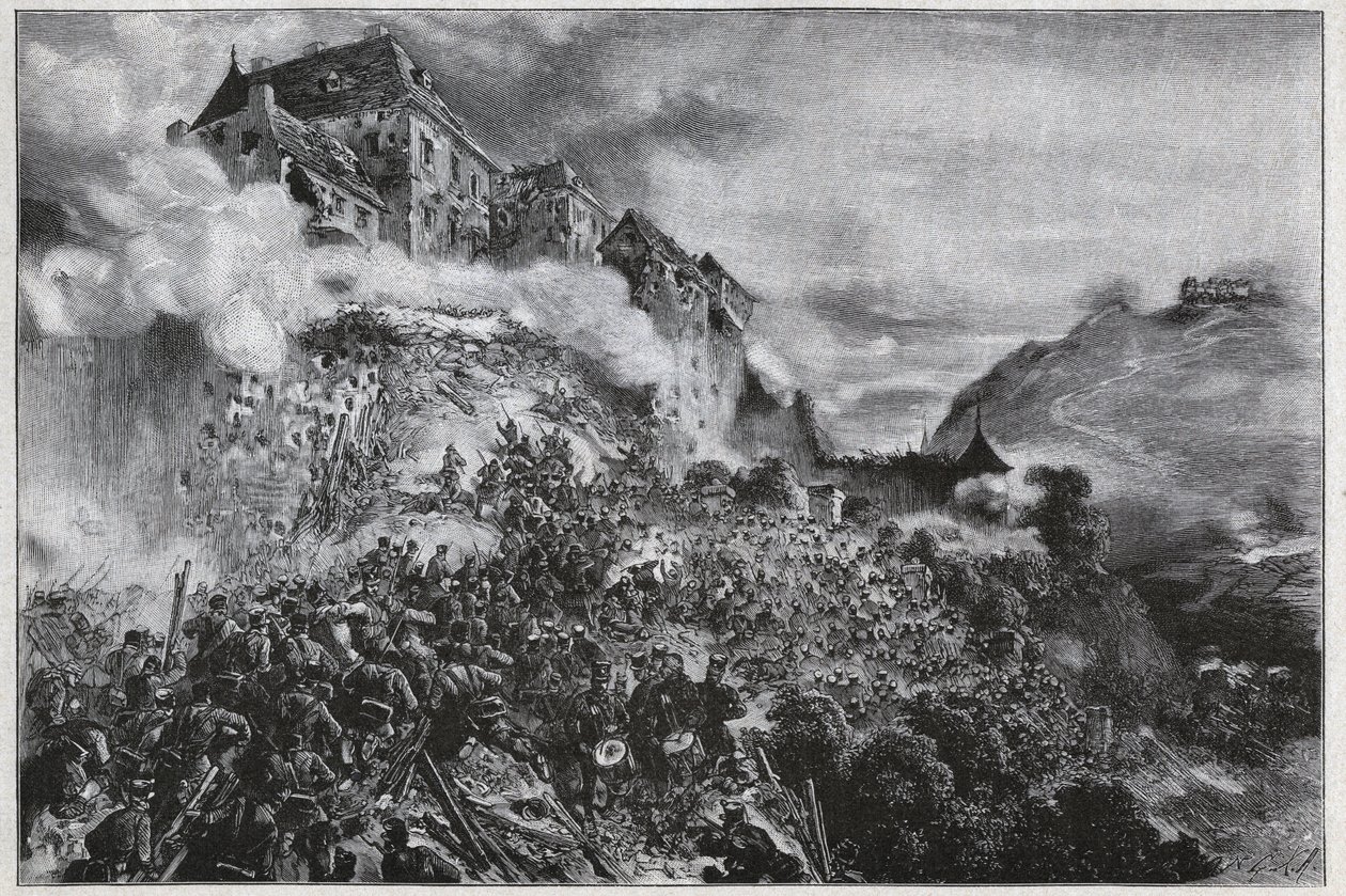 Maďarská revoluce 1848-1849: Maďarskí rebelové zaútočili na Budínský (Troubový) hrad 21. května 1849 - po litografii Augusta von Pettenkofera od August Xaver Karl von Pettenkofen