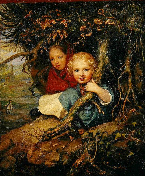 Dvě děti pod kořeny stromů, cca 1840 (olej na zinkové desce) od August von der Embde