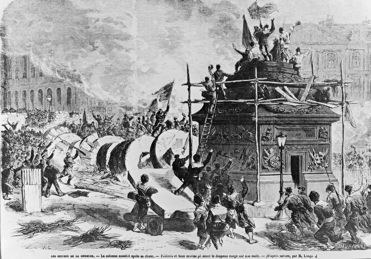 Sloup Vendome těsně po pádu, Federes a falešní námořníci dávají rudou vlajku na podstavec, 16. května 1871 od Auguste Andre Lancon