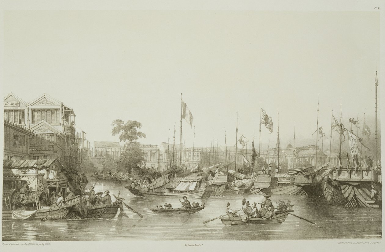 European Factories at Canton, deska 23 z „Sketches of China“, vyryla Eugene Ciceri (1813-90) 1842 (tónované litho) od Auguste Borget