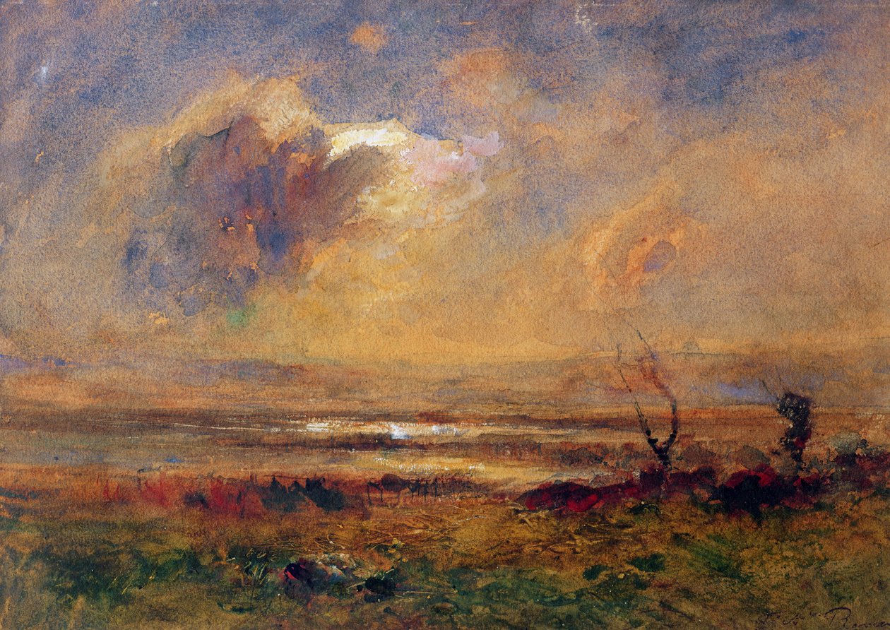 Západ slunce na pláni, cca 1868 (wc a kvaš na papíře) od Auguste Francois Ravier