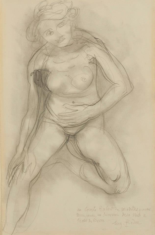 Nahá žena sedící tváří v tvář, s jednou nohou nataženou od Auguste Rodin