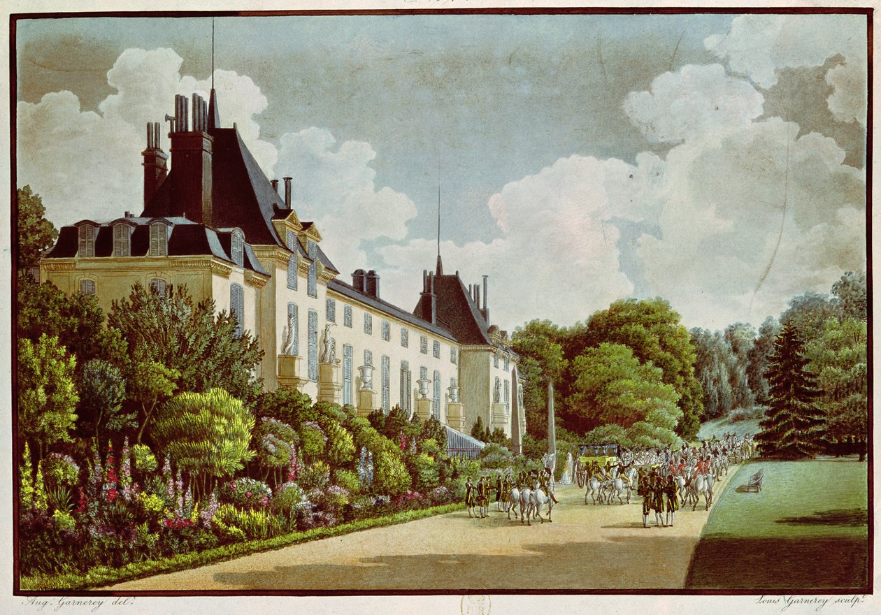 Pohled na Chateau de la Malmaison vedle parku, z „Views of the Malmaison“, vyrytý Louis Garneray (1783-1857) (akvatinta) od Auguste Simon Garneray
