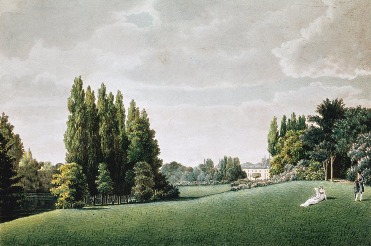 Pohled na zámek poblíž Kamenného mostu, z „Views of the Malmaison“, vyrytý Louis Garneray (1783-1857) (akvatinta) od Auguste Simon Garneray