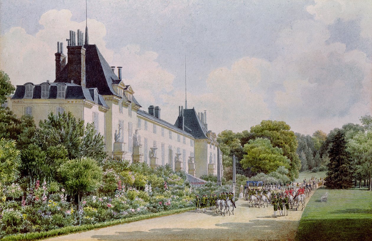 Pohled na zahradní fasádu zámku, ze sbírky dvanácti „Pohledů na Malmaison“ (wc na papíře) od Auguste Simon Garneray