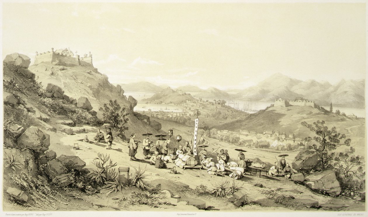 Celkový pohled na Macao, deska 11 z „Sketches of China“, vyryl Eugene Ciceri (1813-90) 1842 (tónované litho) od Auguste (after) Borget