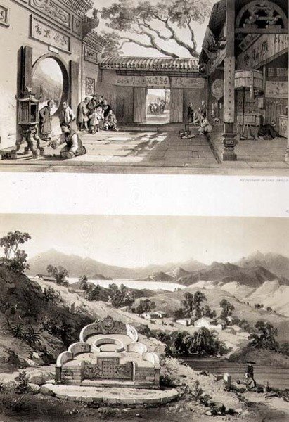 Vnitřní pohled na Velký chrám v Macau a hrobku a vesnici mezi zálivy Hong Kong a Cowloon, desky 8 a 7 z „Sketches of China“, vyryté Eugenem Cicerim (1813-90) 1842 (tónované litho) od Auguste (after) Borget