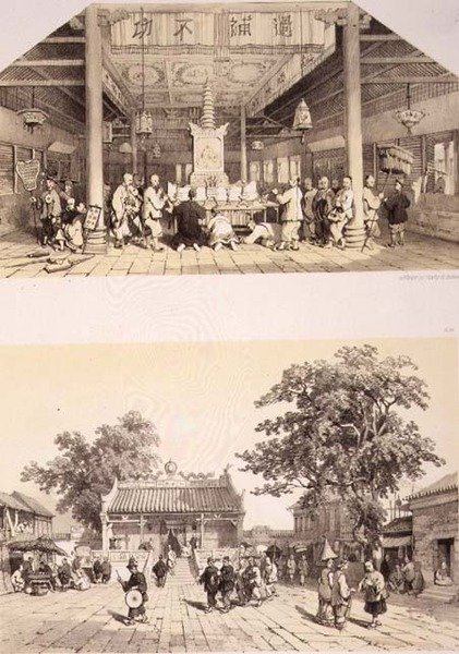 Interiér Buddhova chrámu a malého náměstí na předměstí Kantonu, desky 25 a 26 z „Sketches of China“, vyryté Eugenem Cicerim (1813-90) 1842 (tónované litho) od Auguste (after) Borget