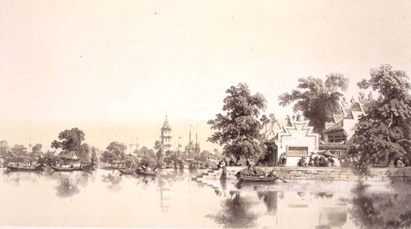 Chrám, pagoda a vesnice na Macao-kantonském kanálu, deska 22 z „Sketches of China“, vyryla Eugene Ciceri (1813-90) 1842 (tónované litho) od Auguste (after) Borget