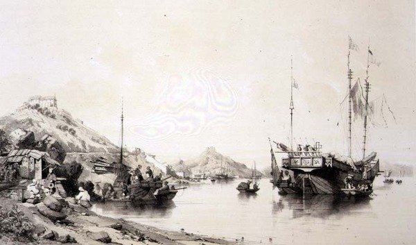 Pobřeží Macaa při přílivu, deska 12 z „Sketches of China“, vyryla Eugene Ciceri (1813-90) 1842 (tónované litho) od Auguste (after) Borget