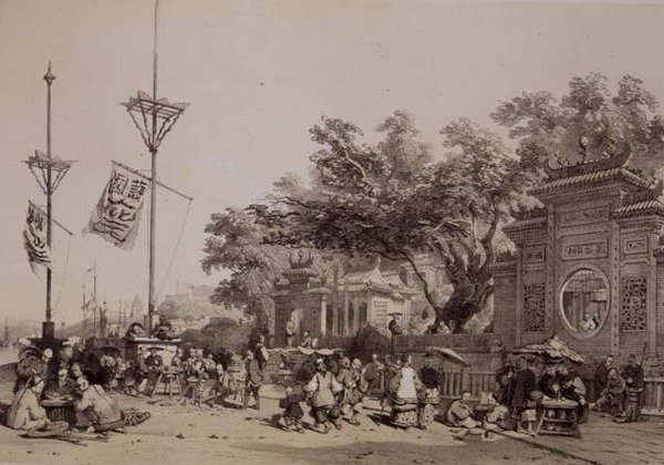 Fasáda Velkého chrámu v Macau, deska 9 z „Sketches of China“, vyryla Eugene Ciceri (1813-90) 1842 (tónované lito) od Auguste (after) Borget