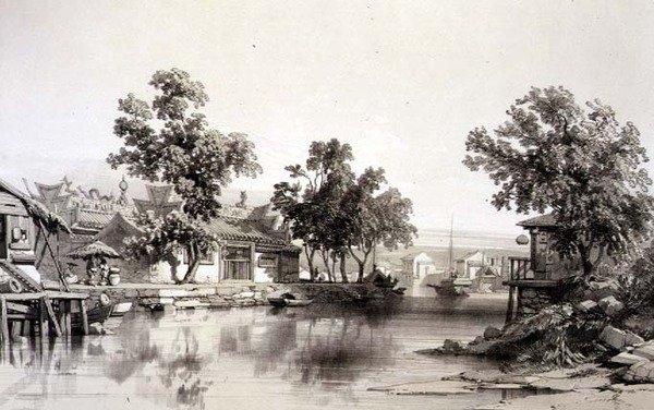 Chrám a kanál Honan, deska 29 z „Sketches of China“, vyryl Eugene Ciceri (1813-90) 1842 (tónované lito) od Auguste (after) Borget