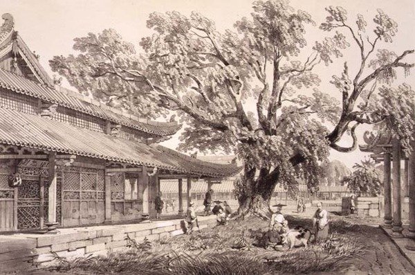 Buddhův chrám na předměstí Honan v Kantonu, deska 24 z „Sketches of China“, vyryl Eugene Ciceri (1813-90) 1842 (tónované litho) od Auguste (after) Borget