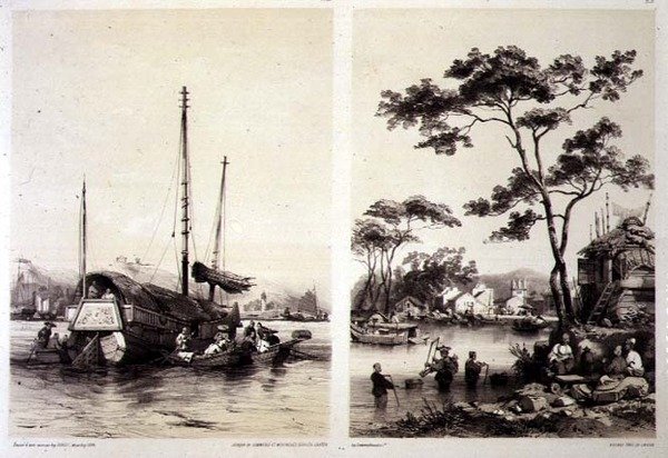 Trading Junk za Kantonem a vesnicí poblíž Kantonu, desky 32 a 31 z „Sketches of China“, vyryté Eugenem Cicerim (1813-90) 1842 (tónované litho) od Auguste (after) Borget