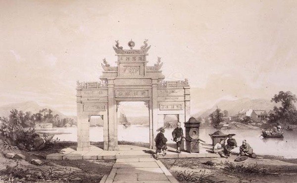 Triumfální oblouk na Macao-kantonském kanálu, deska 19 z „Sketches of China“, vyrytý Eugenem Cicerim (1813-90) 1842 (tónované litho) od Auguste (after) Borget